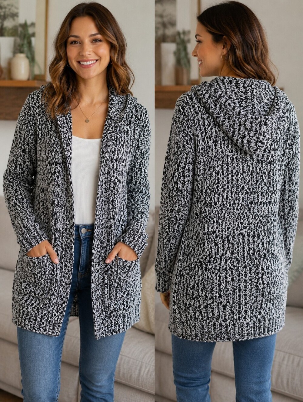 Cynthia Rowley Black & White Marled Hooded Open-Front Cardigan